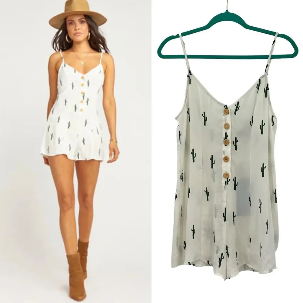 Show Me Your Mumu Remy Romper White Green Cactus Print Button Size Small